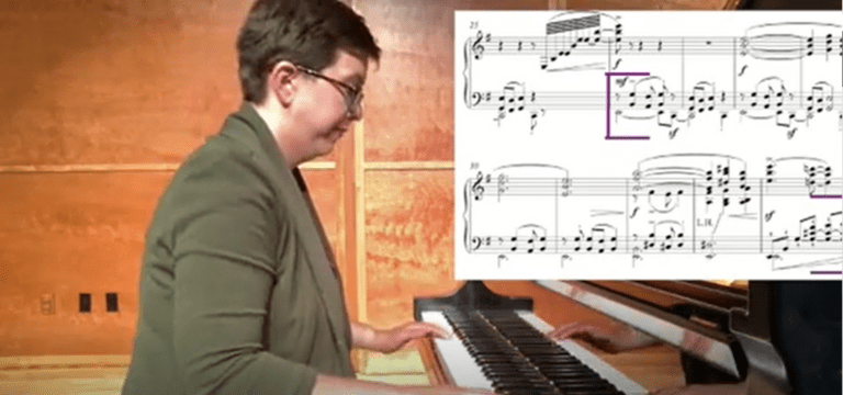 Sarah Rushing plays a piano while the musical score is in the top right-hand corner.
