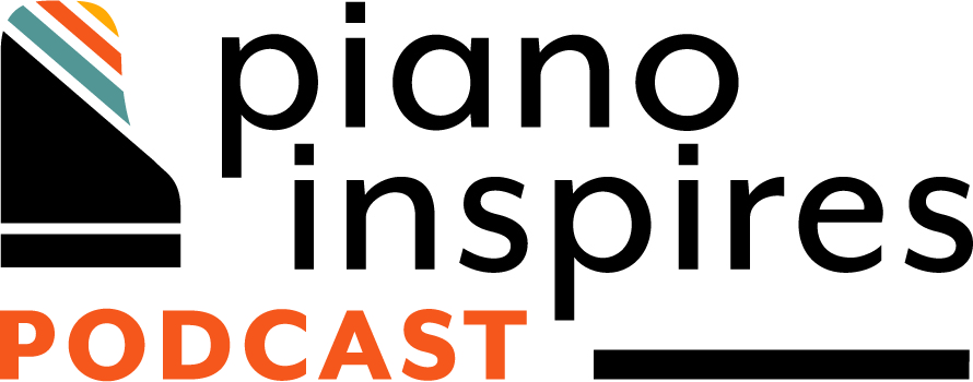 Piano Inspires Podcast logo with abstract piano icon and bold orange “Podcast” text.