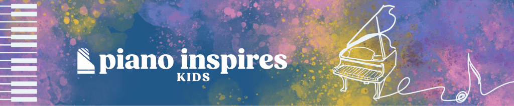 A decorative graphic featuring a keyboard, a grand piano with an eighth note, and the Piano Inspires Kids logo.