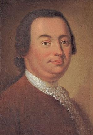A portrait of Johann Christoph Friedrich Bach against a brown background.