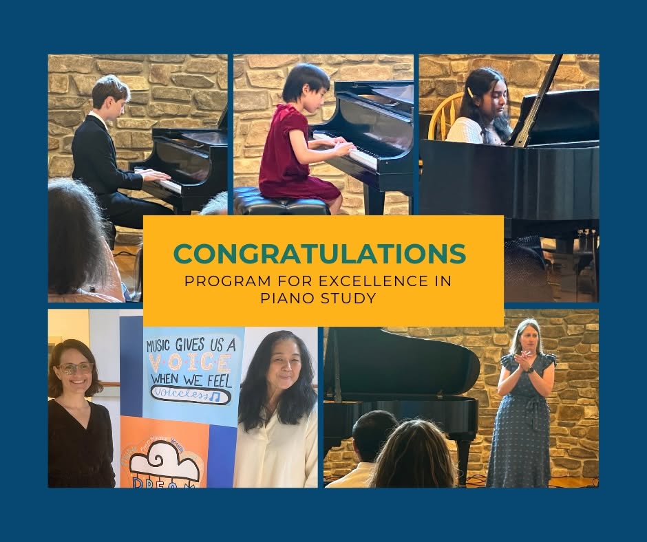 A photo collage showing students and faculty from The New School for Music Study and the Program for Excellence in Piano Study.