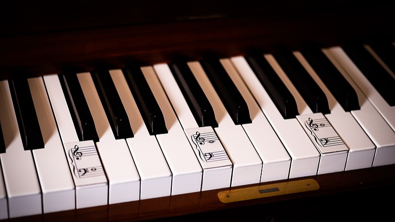 A piano keyboard with stickers on landmark notes F, C, and G.
